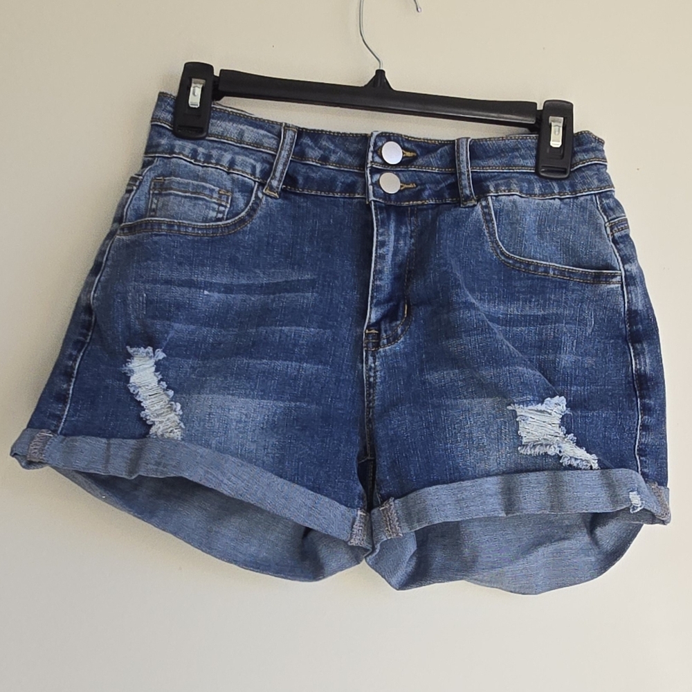 Classic High-Waist Distressed Denim Shorts - Dark Blue Size M 28